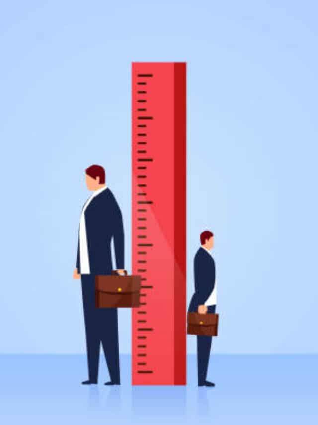 Measuring, two businessmen stand sideways on both sides of the ruler