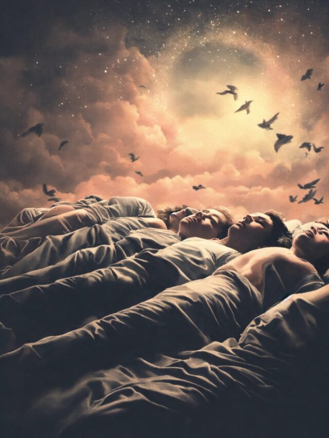 A group of people sleeping and dreaming with a fac