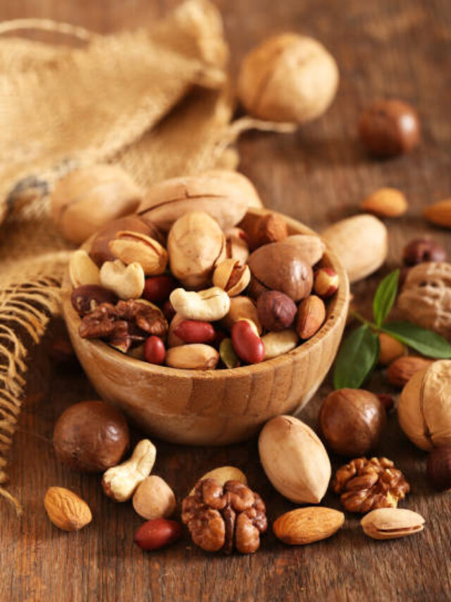 organic mix nuts on a wooden table